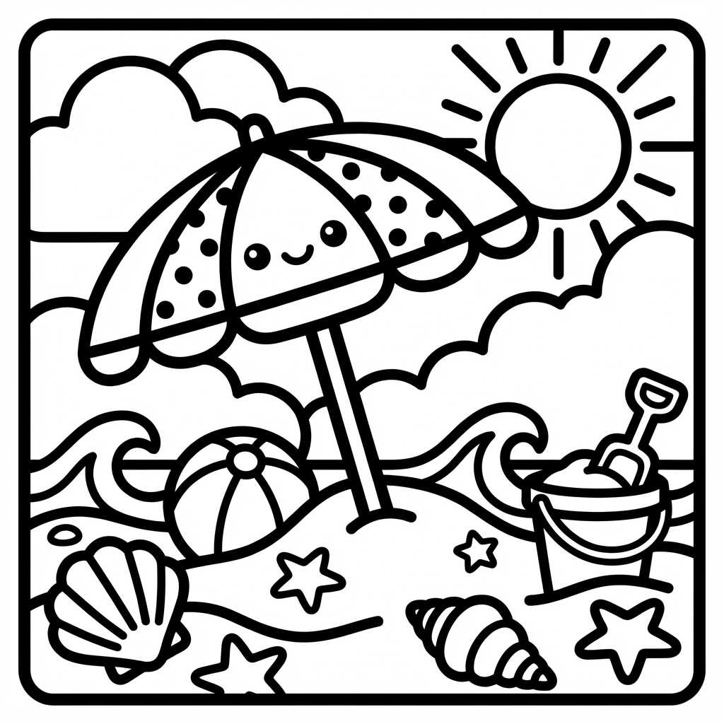 Smiling beach umbrella in the sand, a simple coloring pages with thick lines choice.